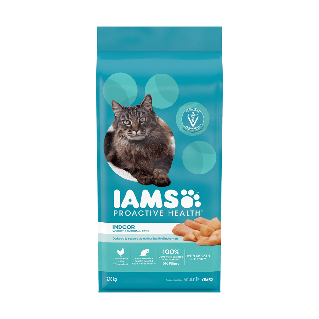 3.18 Kg Iams Proactive Health Adult Indoor Weight & Hairball Care with Chicken & Turkey Dry Cat Food
