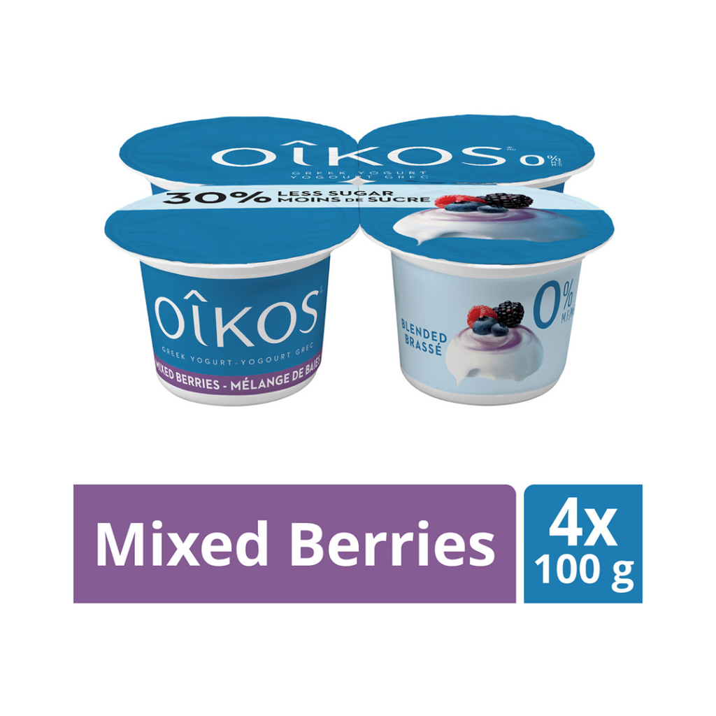 4 x 100g, Oikos Fat Free Greek Yogurt, 30% Less Sugar, Mixed Berry Flavour, Blended
