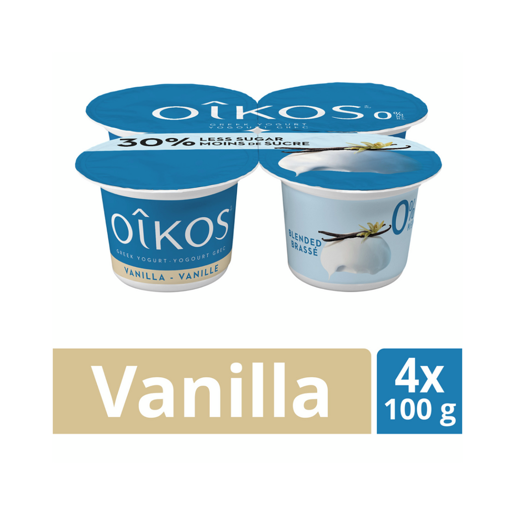 4 x 100g, Oikos Fat Free Greek Yogurt, 30% Less Sugar, Vanilla Flavour, Blended