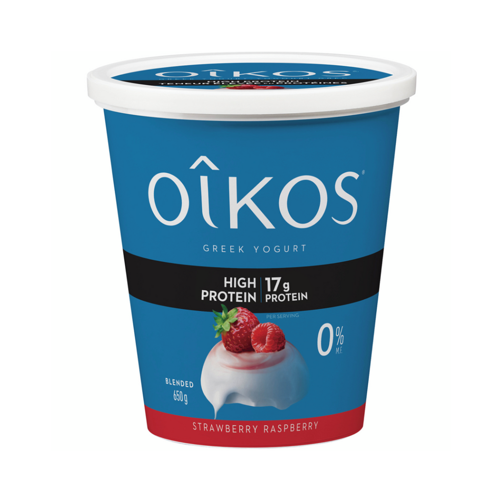 650g, Oikos High Protein Greek Yogurt, Strawberry-Raspberry Flavour, Blended