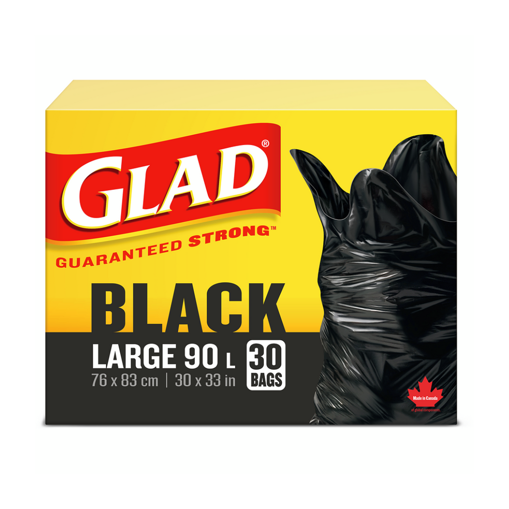 Glad Black Garbage Bags, Large 90 Litres, 30 Trash Bags