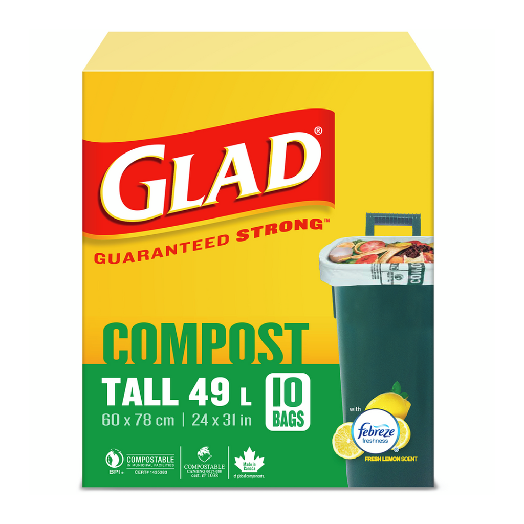Glad 100% Compostable Bags, Tall 49 Litres, Lemon Scent, 10 Trash Bags