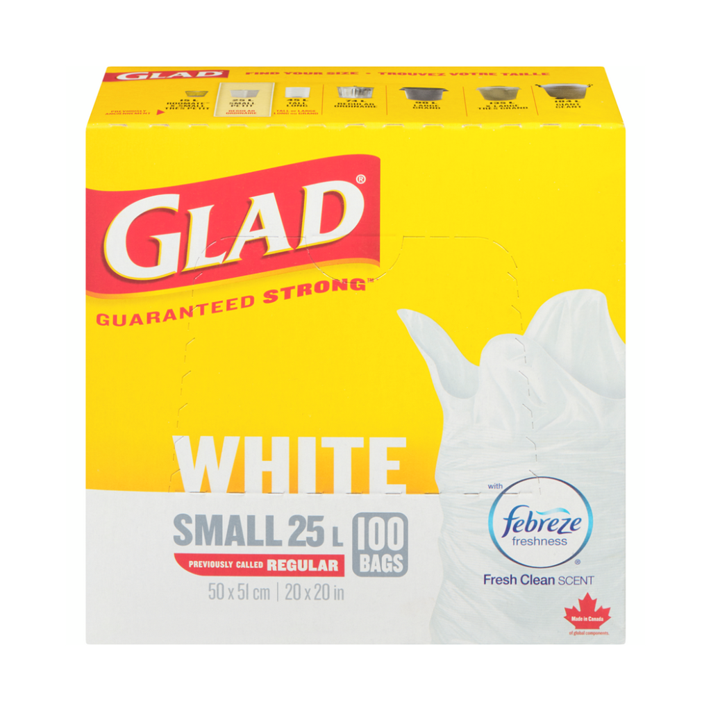 Glad White Garbage Bags, Small 25 Litres, Febreze Clean Scent, 100 Trash Bags